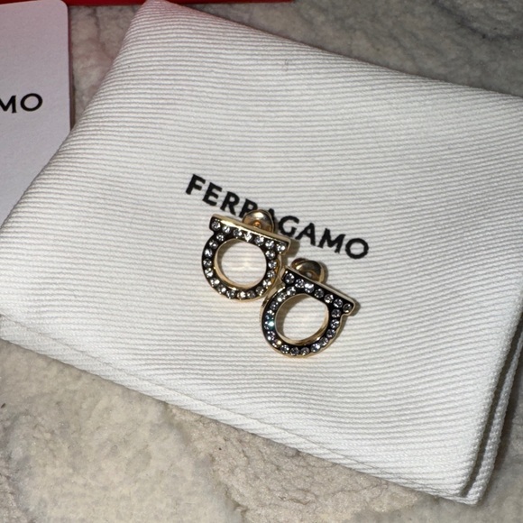 Salvatore Ferragamo Large Gancini Gold Tone Crystal Earrings - Picture 2 of 6